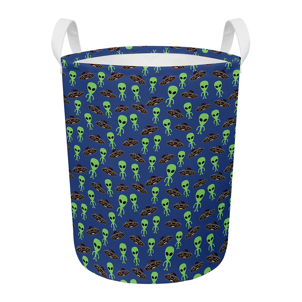 Cute Green Alien UFO Print Round Laundry Basket