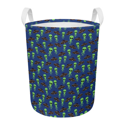 Cute Green Alien UFO Print Round Laundry Basket