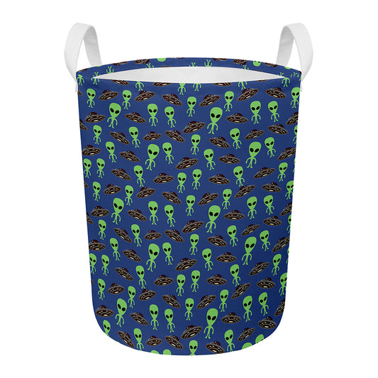 Cute Green Alien UFO Print Round Laundry Basket