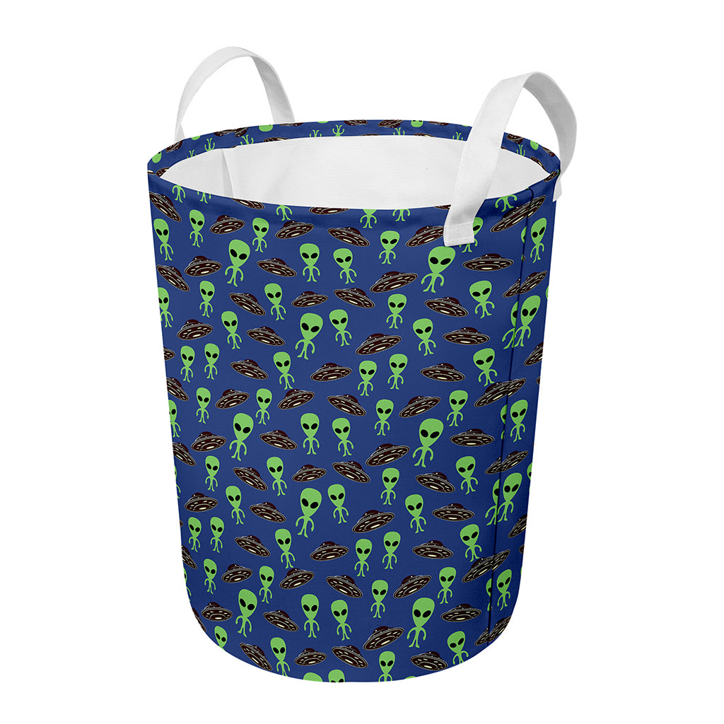 Cute Green Alien UFO Print Round Laundry Basket