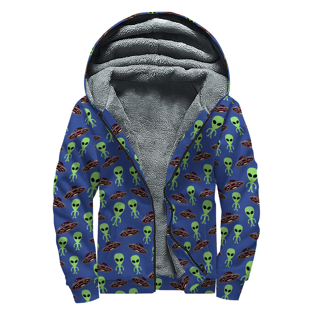 Cute Green Alien UFO Print Sherpa Lined Zip Up Hoodie