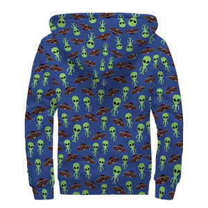 Cute Green Alien UFO Print Sherpa Lined Zip Up Hoodie