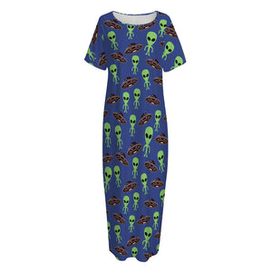 Cute Green Alien UFO Print Short Sleeve Long Nightdress