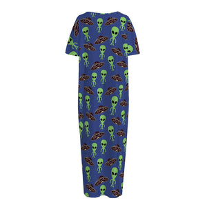 Cute Green Alien UFO Print Short Sleeve Long Nightdress