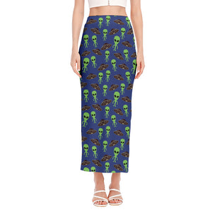 Cute Green Alien UFO Print Side Slit Maxi Skirt