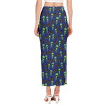 Cute Green Alien UFO Print Side Slit Maxi Skirt