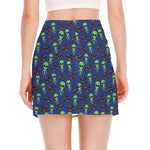 Cute Green Alien UFO Print Side Slit Mini Skirt