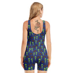 Cute Green Alien UFO Print Sleeveless One Piece Swimsuit