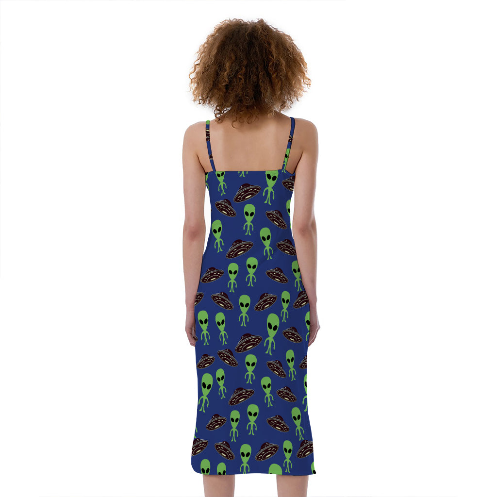 Cute Green Alien UFO Print Slim Fit Midi Cami Dress