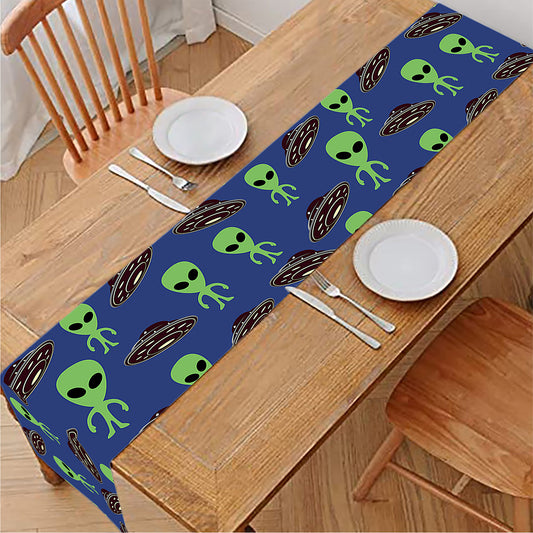 Cute Green Alien UFO Print Table Runner