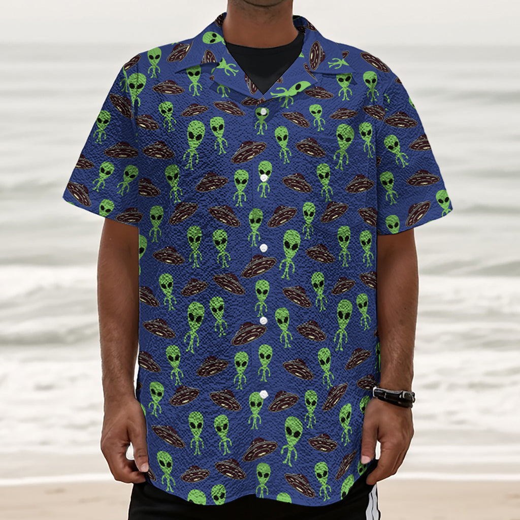 Cute Green Alien UFO Print Textured Short Sleeve Shirt