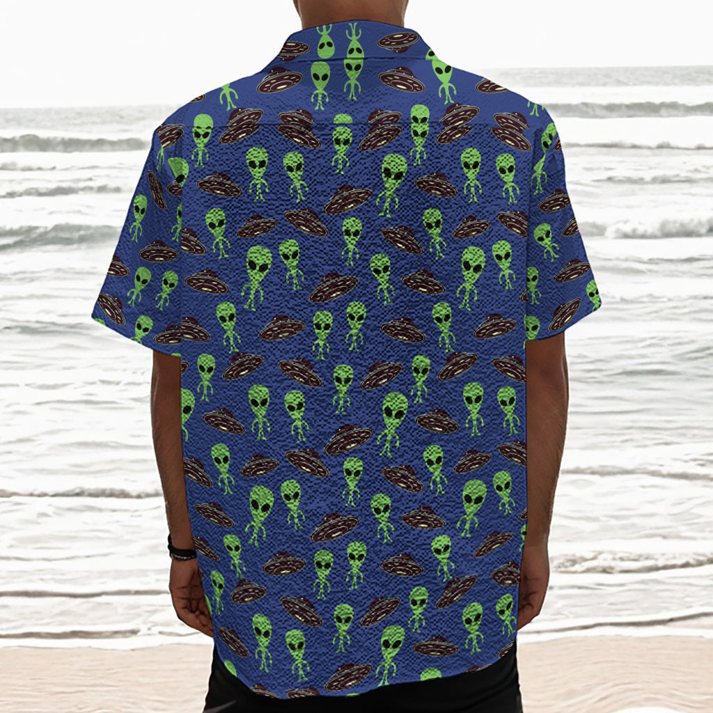 Cute Green Alien UFO Print Textured Short Sleeve Shirt