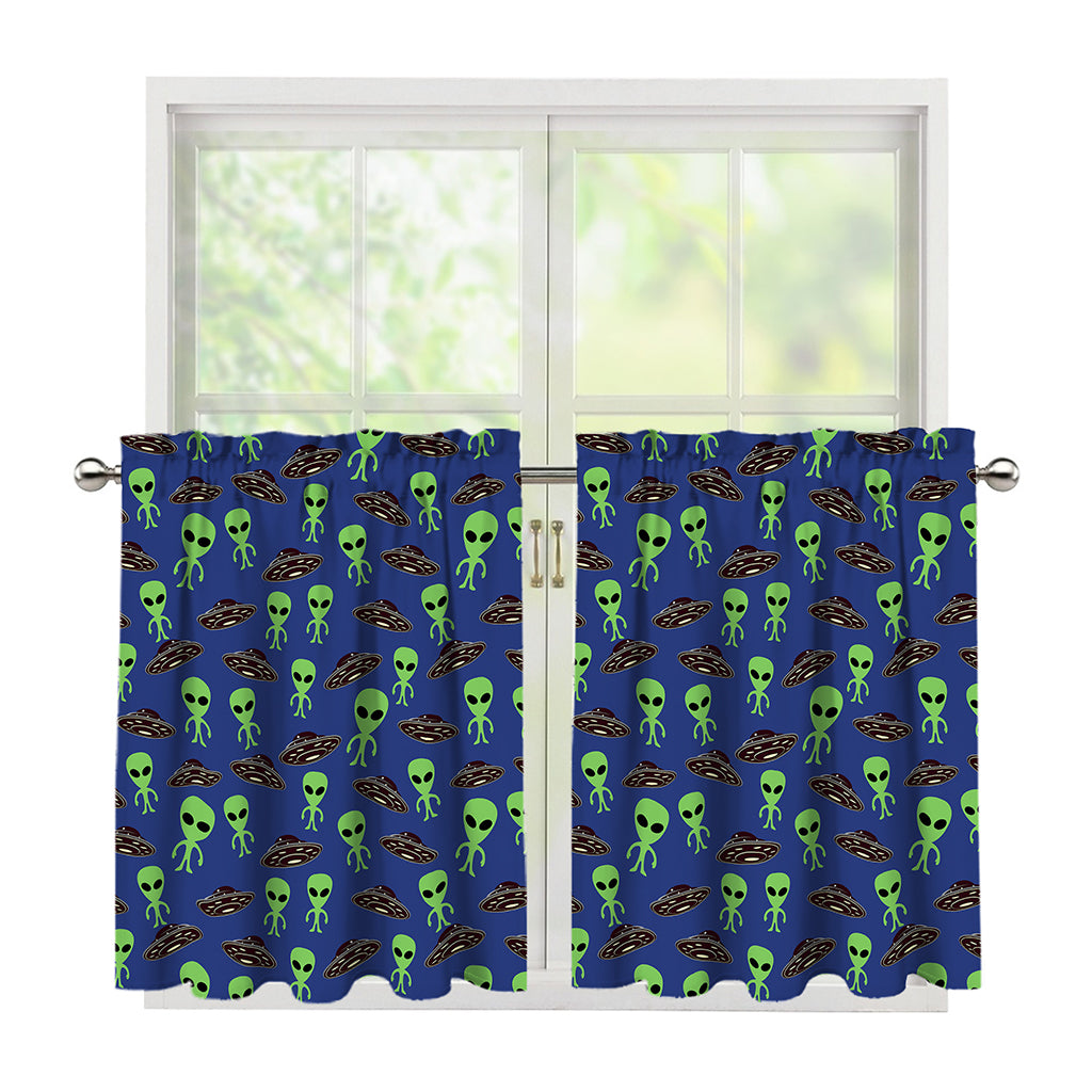 Cute Green Alien UFO Print Tier Curtains
