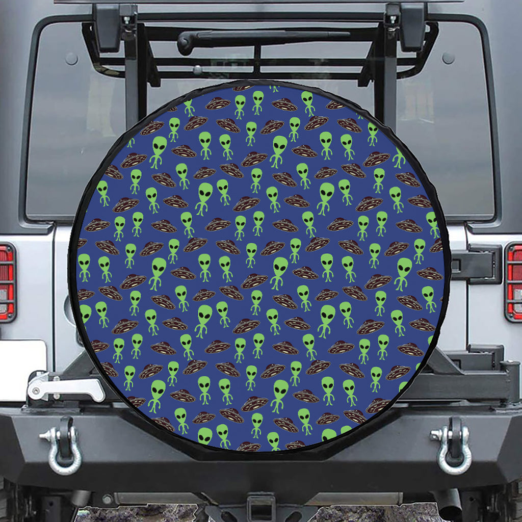 Cute Green Alien UFO Print Tire Cover