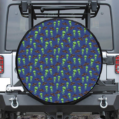 Cute Green Alien UFO Print Tire Cover