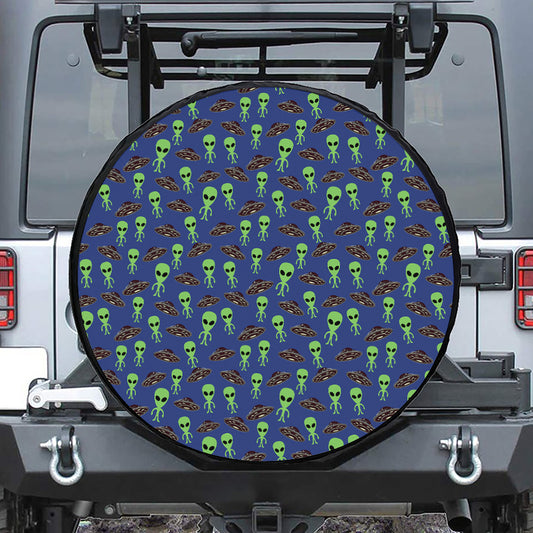 Cute Green Alien UFO Print Tire Cover