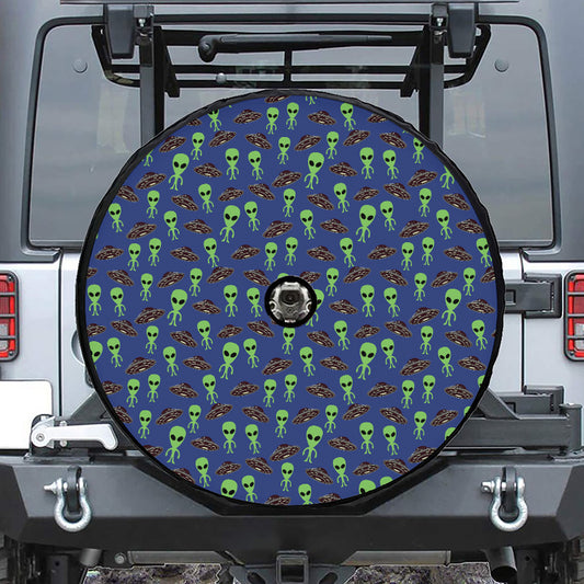 Cute Green Alien UFO Print Tire Cover With Camera Hole