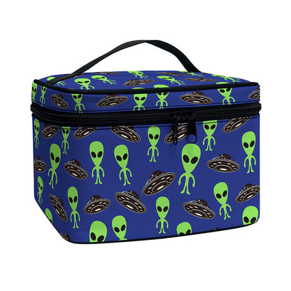 Cute Green Alien UFO Print Travel Makeup Bag