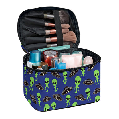 Cute Green Alien UFO Print Travel Makeup Bag