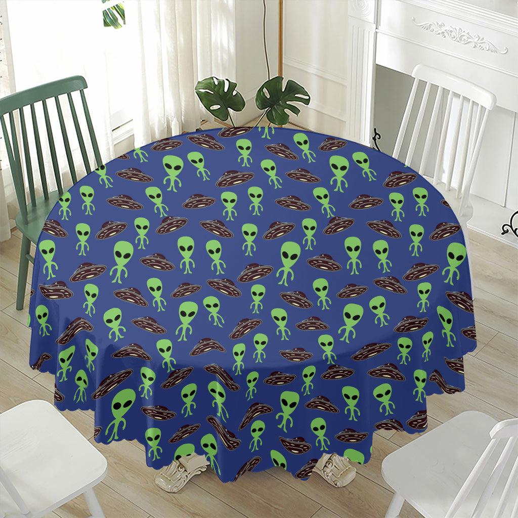 Cute Green Alien UFO Print Waterproof Round Tablecloth