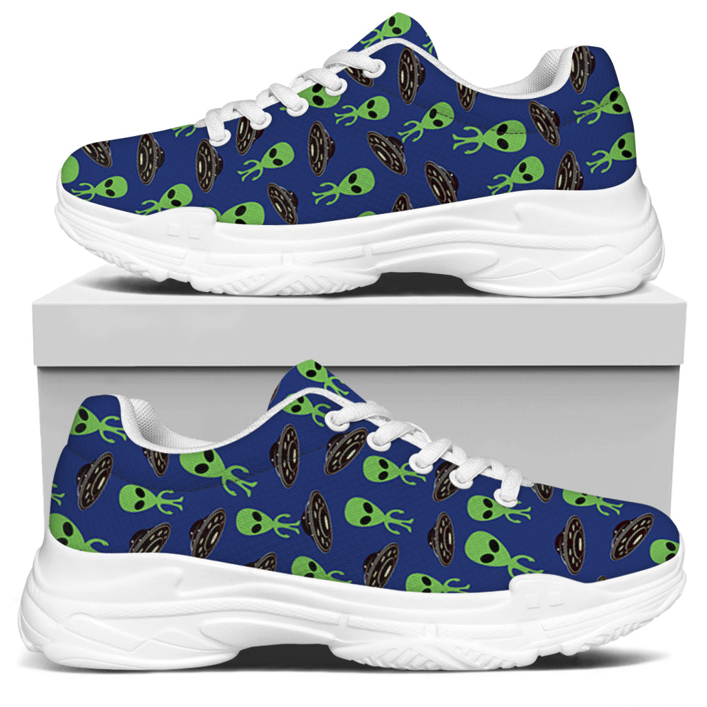 Cute Green Alien UFO Print White Chunky Shoes