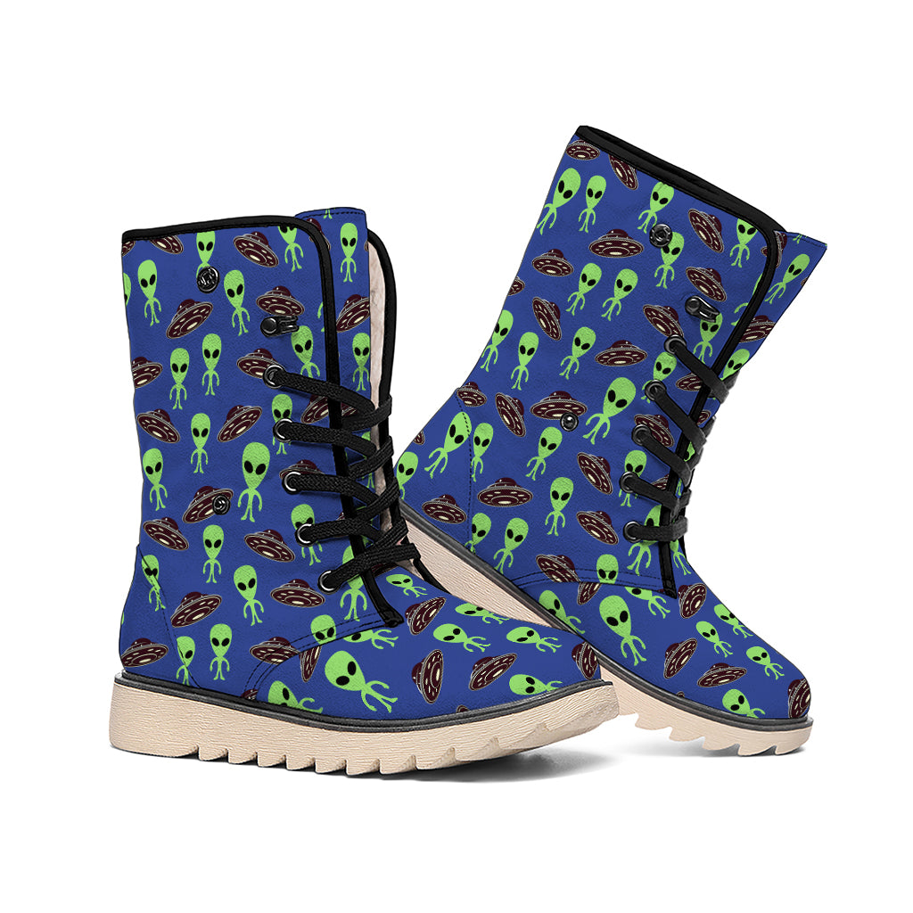 Cute Green Alien UFO Print Winter Boots