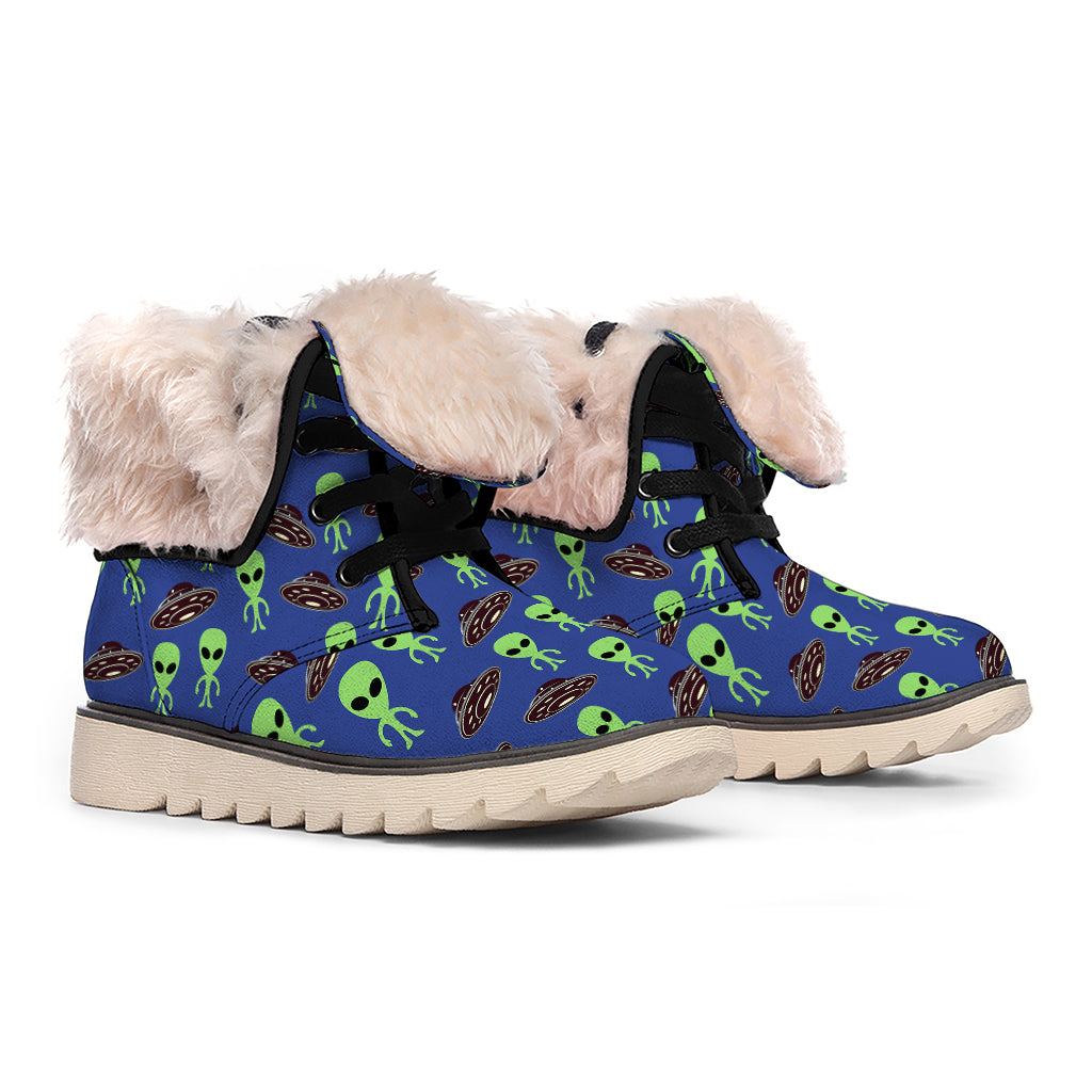 Cute Green Alien UFO Print Winter Boots