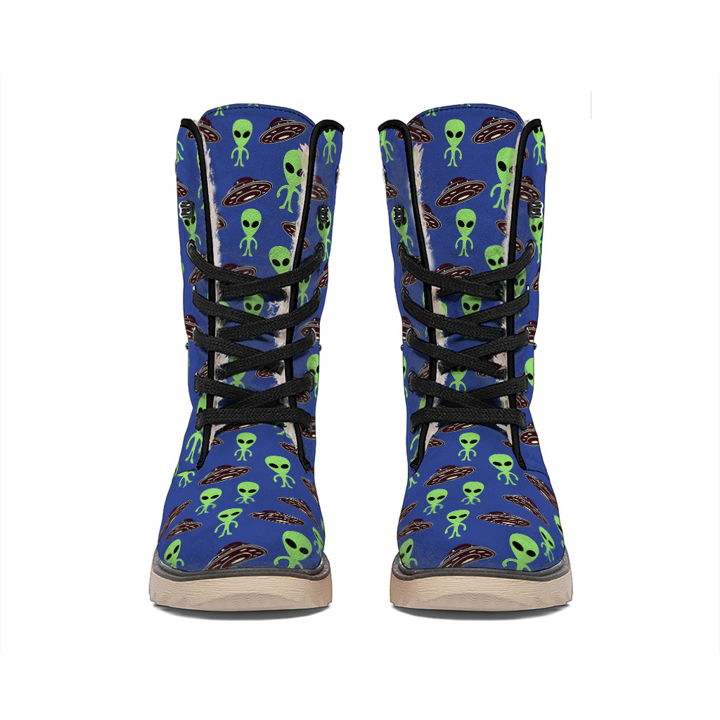 Cute Green Alien UFO Print Winter Boots