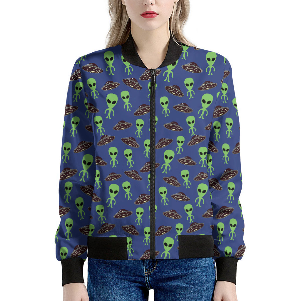 Cute Green Alien UFO Print Women's Bomber Jacket