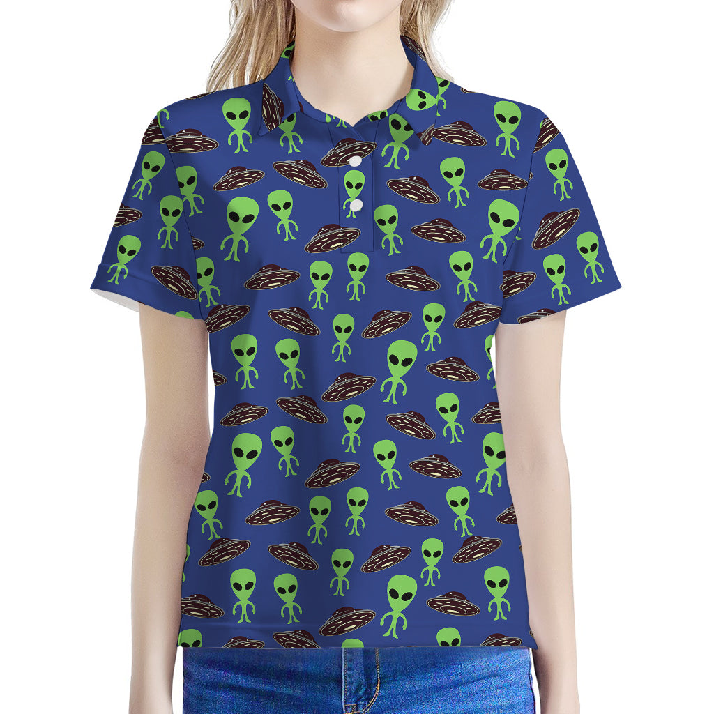 Cute Green Alien UFO Print Women's Polo Shirt