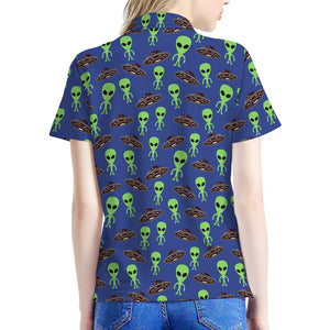 Cute Green Alien UFO Print Women's Polo Shirt