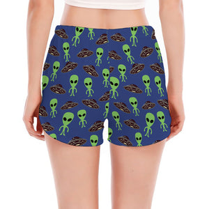 Cute Green Alien UFO Print Women's Split Running Shorts