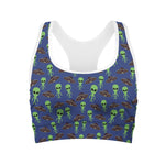 Cute Green Alien UFO Print Women's Sports Bra