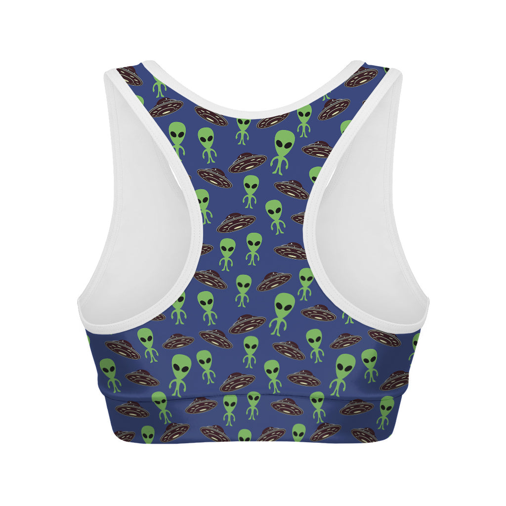 Cute Green Alien UFO Print Women's Sports Bra