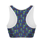 Cute Green Alien UFO Print Women's Sports Bra