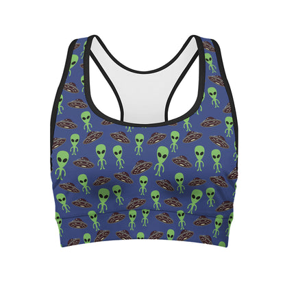 Cute Green Alien UFO Print Women's Sports Bra