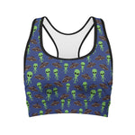 Cute Green Alien UFO Print Women's Sports Bra