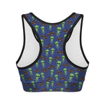 Cute Green Alien UFO Print Women's Sports Bra