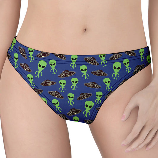 Cute Green Alien UFO Print Women's Thong