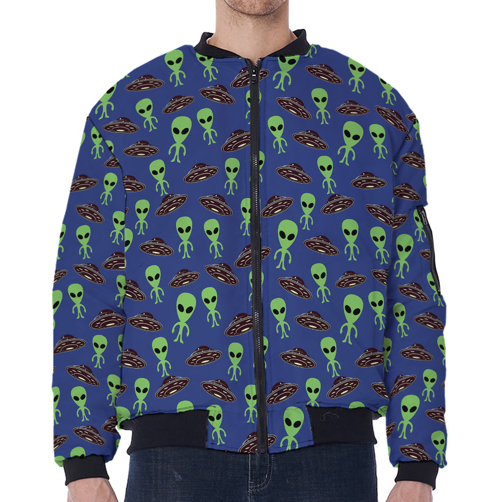 Cute Green Alien UFO Print Zip Sleeve Bomber Jacket