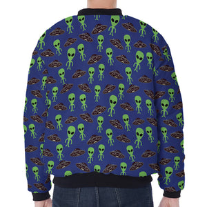 Cute Green Alien UFO Print Zip Sleeve Bomber Jacket