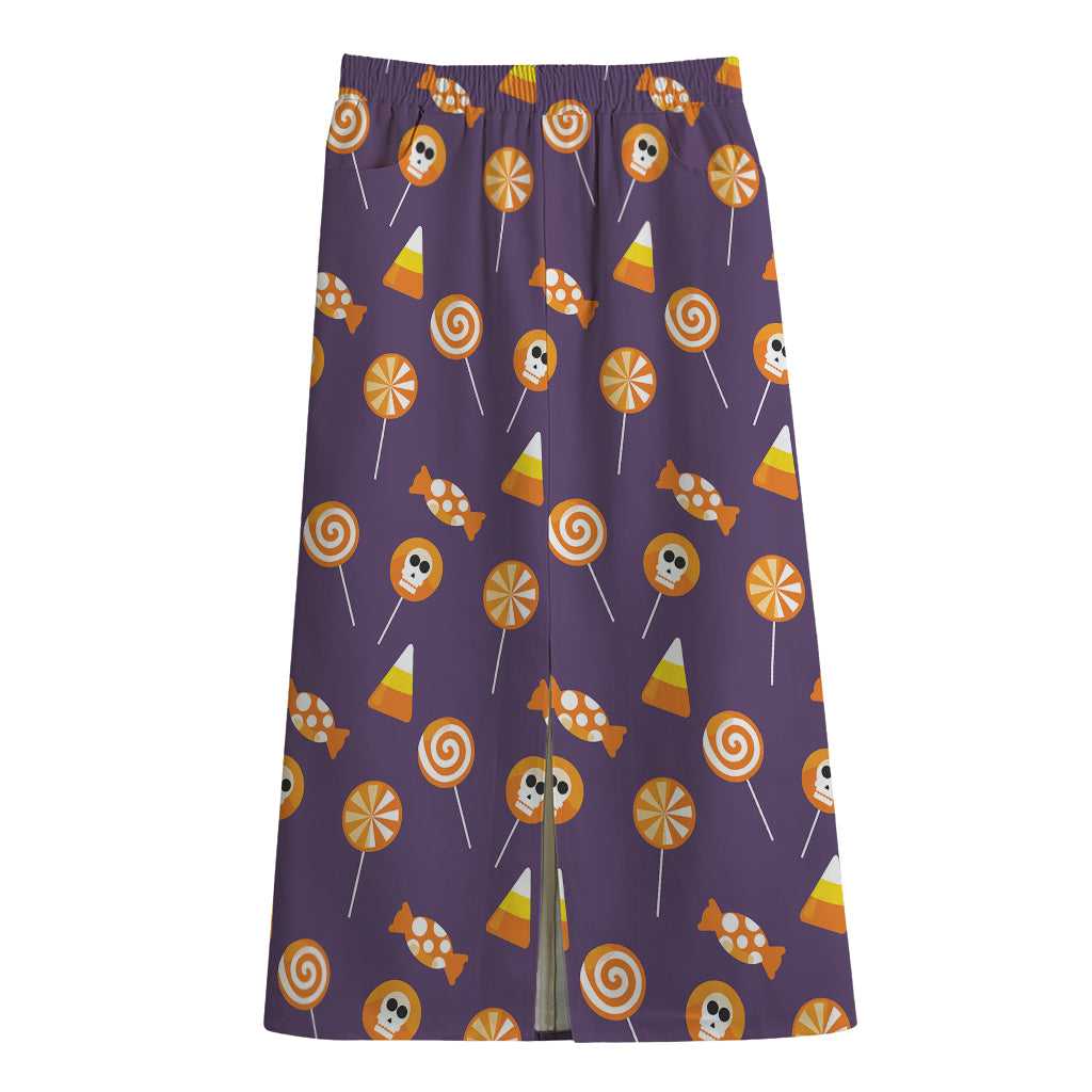 Cute Halloween Candy Pattern Print Cotton Front Slit Maxi Skirt