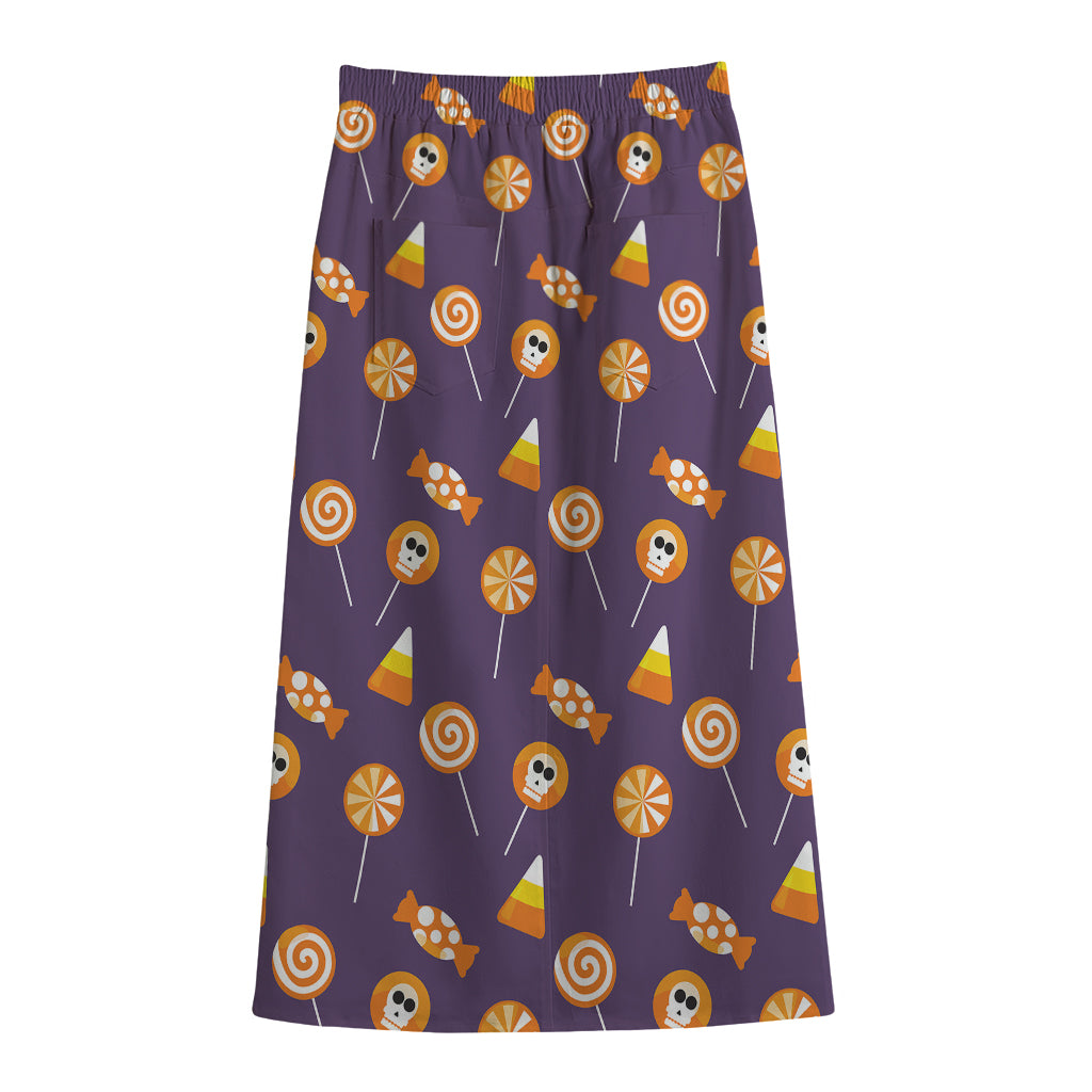 Cute Halloween Candy Pattern Print Cotton Front Slit Maxi Skirt