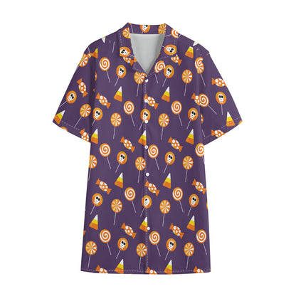 Cute Halloween Candy Pattern Print Cotton Hawaiian Shirt