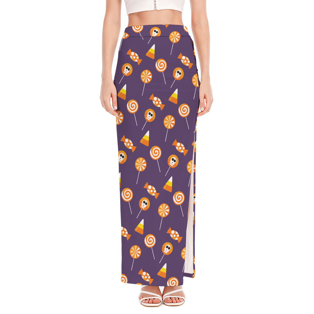 Cute Halloween Candy Pattern Print High Slit Maxi Skirt