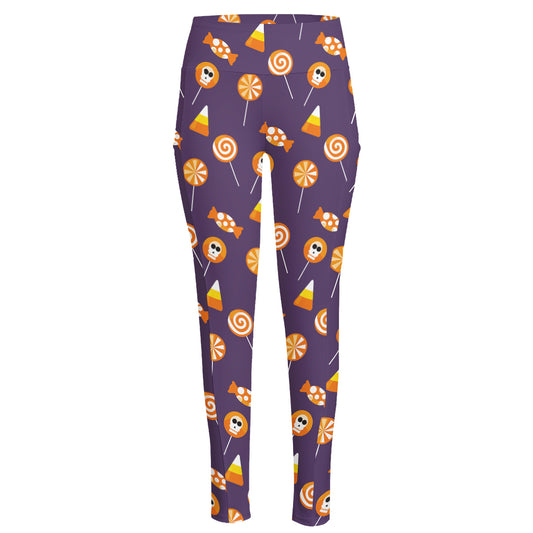 Cute Halloween Candy Pattern Print High-Waisted Pocket Leggings
