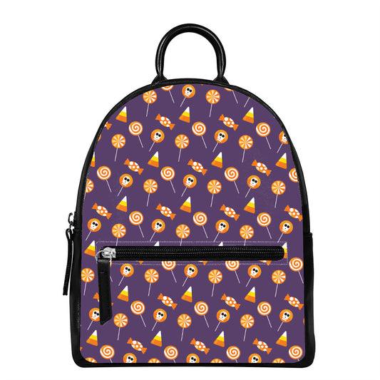 Cute Halloween Candy Pattern Print Leather Backpack