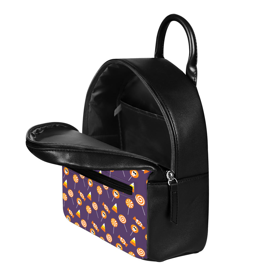 Cute Halloween Candy Pattern Print Leather Backpack