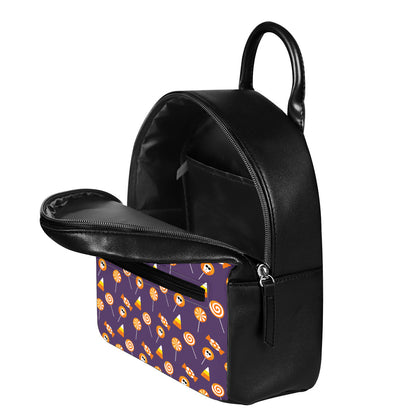Cute Halloween Candy Pattern Print Leather Backpack