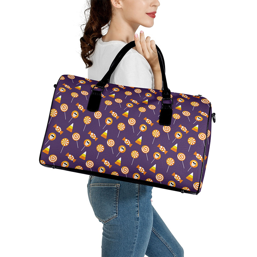 Cute Halloween Candy Pattern Print Leather Duffle Bag